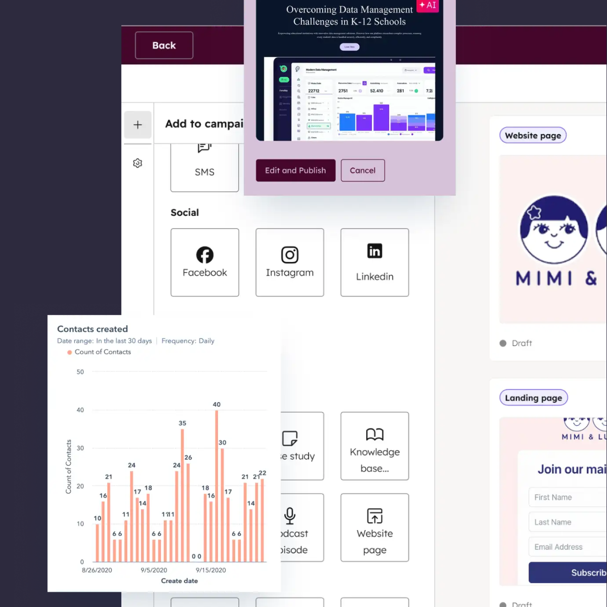 Interface marketing illustrant une campagne multicanale intégrant le SEO, l’emailing, les réseaux sociaux (Facebook, Instagram, LinkedIn) et les pages de site web, montrant comment le référencement naturel peut nourrir plusieurs canaux de génération de leads