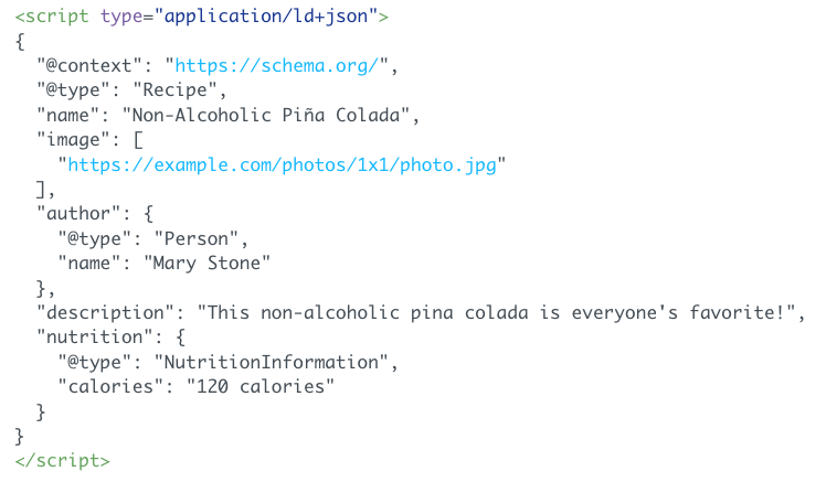 exemple abrégé de balisage JSON-LD pour une recette, décrivant le plat, l'auteur et les informations nutritionnelle