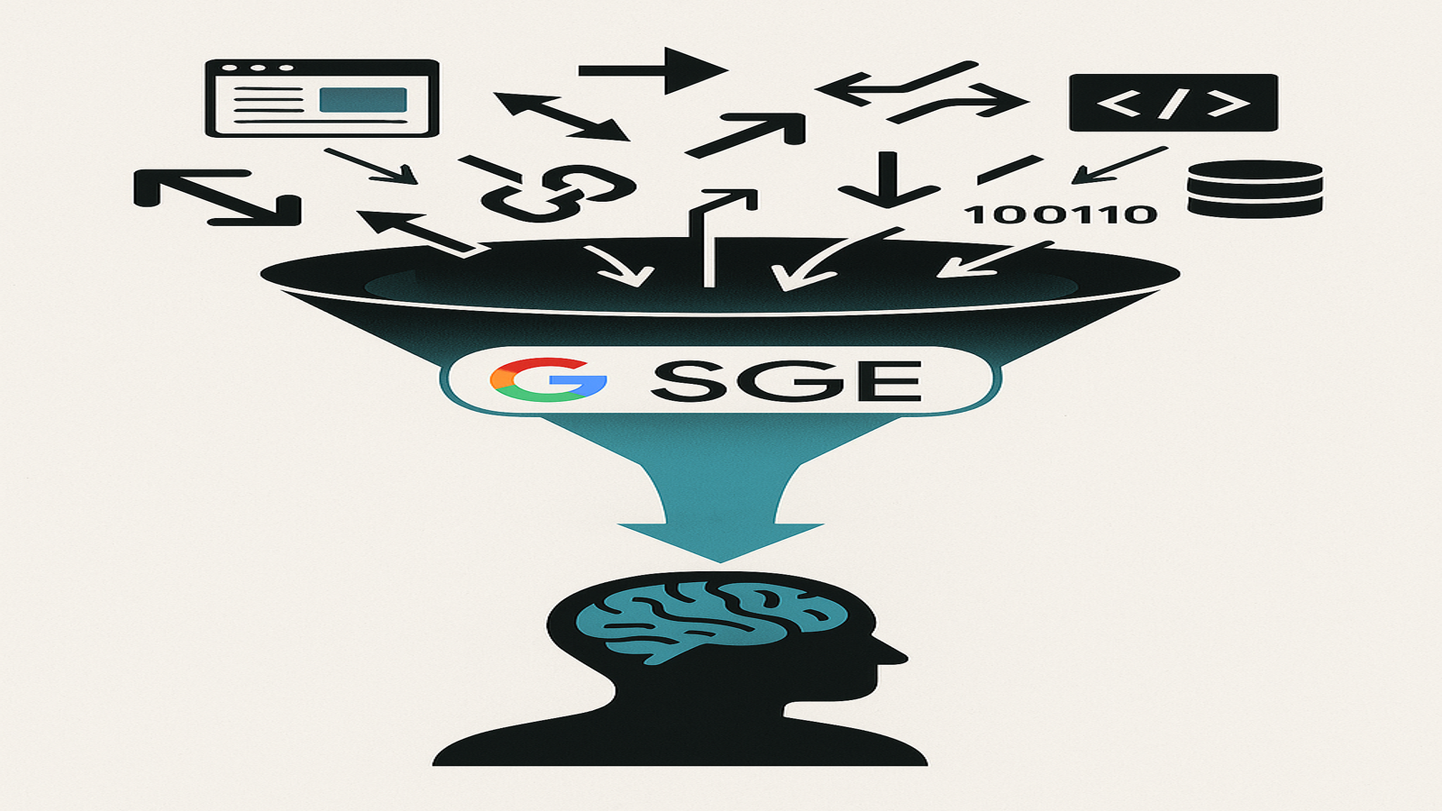 Illustration montrant Google SGE filtrant les informations du web et délivrant une seule réponse à l’utilisateur.