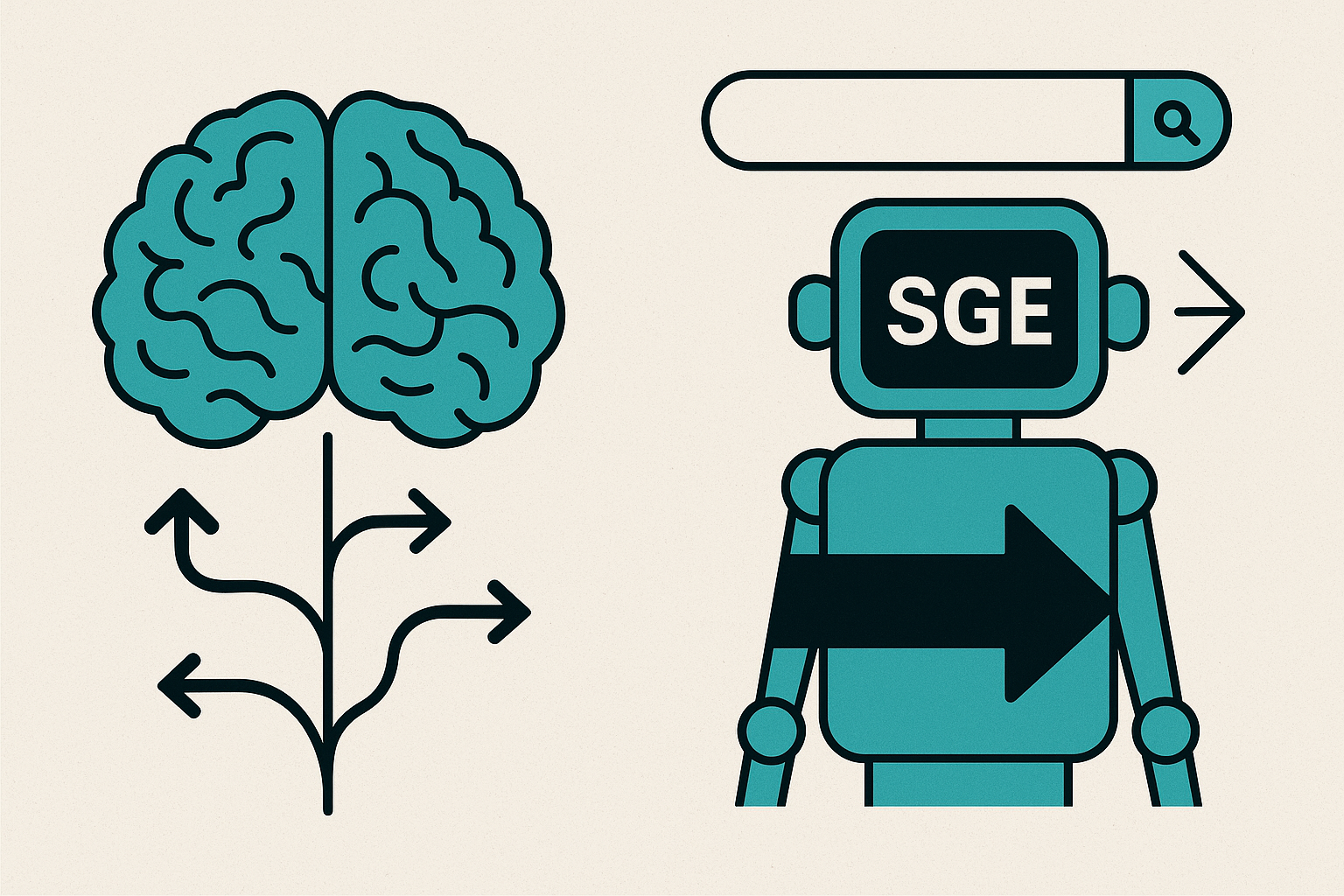 Illustration montrant la transition du cerveau humain vers l’IA SGE : à gauche un cerveau explorateur, à droite un robot Google SGE qui guide la décision.